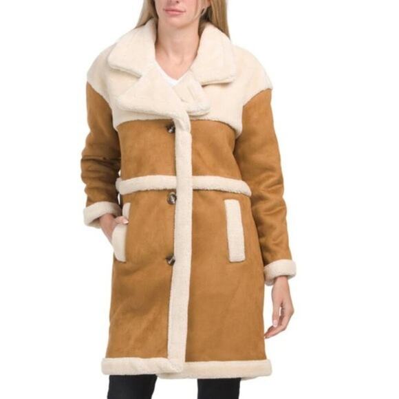 Blank NYC Chestnut and cream force sherpa lined long teddy jacket size small new